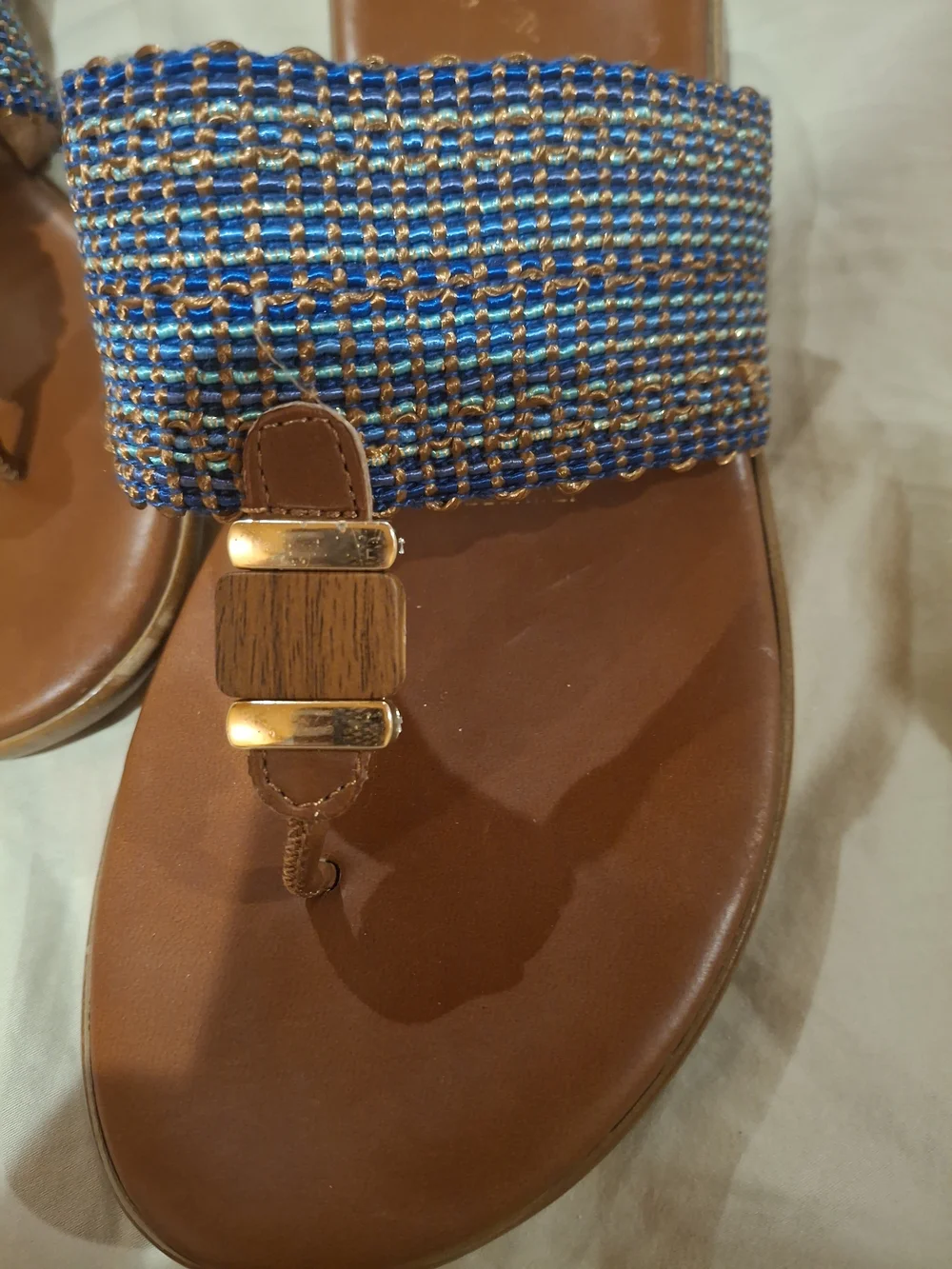 Tan Footbed Blue Woven Strap Slide Sandals